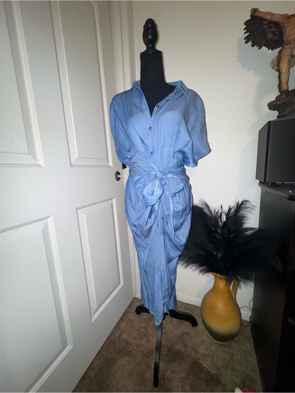 Blue Button-Front Tie-Waist Jumpsuit